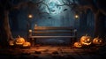 Scary halloween pumpkin, A spooky forest sunset with a haunted evil glowing eyes of Jack O\' Lanterns on a wooden bench