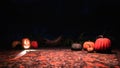 Scary halloween pumpkins in autumn forest at night Royalty Free Stock Photo