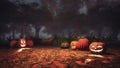 Scary halloween pumpkins in misty forest at dusk