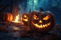 Scary Halloween Pumpkins: Real Photo with Neon Effect Royalty Free Stock Photo