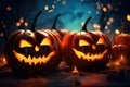 Scary Halloween Pumpkins: Real Photo with Neon Effect Royalty Free Stock Photo