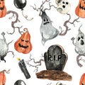 Scary Halloween seamless pattern with Jack O lantern pumpkins, ghost, graveyard on white background. Holiday watercolor print Royalty Free Stock Photo
