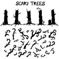 Scary Halloween silhouette trees constructor with pumpkins, branches, gravestones and bats. Vector illustration