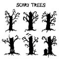 Scary Halloween silhouette trees set with branches, gravestones and bats isolated on white background. Vector illustration