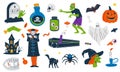 Scary Halloween symbols. Cute childish pumpkin zombie bat ghost cat vampire witch elements, cartoon flat october holiday