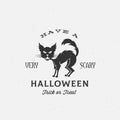Scary Halloween Vector Label, Emblem Or Card Template. Retro Shabby Textures. Black Cat Silhouette And Vintage