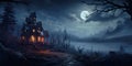 Scary haunted house with lights, misty forest on scary Halloween night Royalty Free Stock Photo