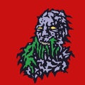 Scary head of zombie with bleeding from the mouth of green mucus. Vector illustration.