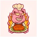 Scary hog chef meat bbq logo illustration
