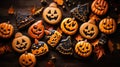 Scary homemade gingerbread cookies in the shape of evil pumpkins, cobwebs close up isolated on dark wooden background