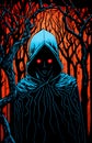 A scary hooded character with red eyes in a spooky forest Royalty Free Stock Photo