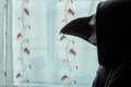 A scary, hooded figure wearing a plague doctor mask, looking out of a window