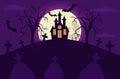 a scary house on a hill against the backdrop of a full moon and bats trees fences and graves Royalty Free Stock Photo