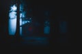 Scary house illuminated in mysterious horror forest at night Royalty Free Stock Photo