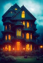 Scary house on moonlight, old gothic castle Royalty Free Stock Photo