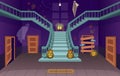 Scary house with stairs, ghosts,  doors, pumpkins. Halloween ÃÂartoon vector illustration Royalty Free Stock Photo