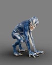 Scary humanoid alien creature with blue grey skin and sharp teeth crouching on all fours. 3D rendering isolated on grey background