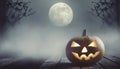 Scary jack-o-lantern, disturbing forest in the background, fog, wooden porch, night, full moon, dark halloween background, pumpkin Royalty Free Stock Photo