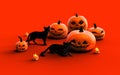 Scary Jack O Lantern Halloween Pumpkins and Black Cat on orange background Royalty Free Stock Photo
