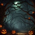 Scary jungle at night during Halloween season, brightly lit with bats, pumpkins