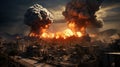 Scary landscape of apocalypse, explosions in dark destroyed city during global war. Futuristic view of apocalyptic atomic disaster