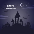 Scary landscape. Happy Halloween: pumpkins, bewitched house and bats. Vector illustration, flat design