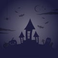 Scary landscape. Pumpkins, bewitched house and bats. Vector illustration, flat design Royalty Free Stock Photo