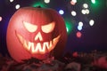 Scary lighted Jack OÃÂ´Lantern halloween pumpkin Royalty Free Stock Photo