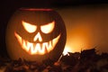Scary lighted Jack OÃÂ´Lantern halloween pumpkin Royalty Free Stock Photo