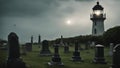 A scary lighthouse in a haunted cemetery, with graves, Royalty Free Stock Photo