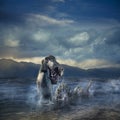 Scary Loch Ness Monster emerging from water Royalty Free Stock Photo