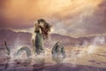 Scary Loch Ness Monster emerging from water Royalty Free Stock Photo