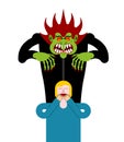 Scary man scaring guy. Nightmare monster with long claws. Vector