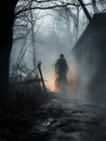 a scary man walking through a foggy forest with a house in the background Royalty Free Stock Photo