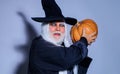 Scary man in witch hat with pumpkin. Demon with Jack o lantern. Happy Halloween. Handsome man in holiday costume. Royalty Free Stock Photo
