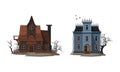 Scary mansions set. Abandoned creepy houses cartoon vector illustration