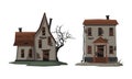 Scary mansions set. Abandoned creepy houses cartoon vector illustration
