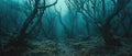 Scary misty dark forest at night, magical spooky foggy woods with dry trees and path. Gloomy landscape in mystic fairy tale world Royalty Free Stock Photo