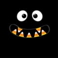 Scary monster face emotions. Vampire tooth fang. Big eyes, mouth with candy corn Happy Halloween. Baby Greeting card. Flat design Royalty Free Stock Photo