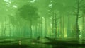 Scary mysterious forest swamp at misty night