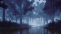 Scary night forest and mystical lights above river Royalty Free Stock Photo
