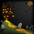 Scary night halloween background with haunted house on the hill, cementary, bats and fool moon Royalty Free Stock Photo