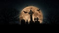 Scary night landscape with red full moon, graveyard with crosses, bats and trees at midnight halloween. Scary dark wallpaper,