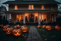 Scary night view of a house with halloween decoration and ghost Royalty Free Stock Photo