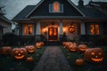 Scary night view of a house with halloween decoration and ghost Royalty Free Stock Photo