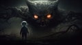 Scary Nightmare Creature Confronts Brave Boy In Darkly Detailed Art