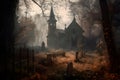 scary old abandoned graveyard and church in the woods at cloudy autumnal day, neural network generated photorealistic image