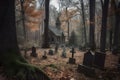 scary old abandoned graveyard and church in the woods at cloudy autumnal day, neural network generated photorealistic