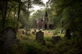 scary old abandoned graveyard and church in the woods at cloudy day, neural network generated photorealistic image