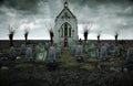 Scary old cemetery. church on grave. Halloween concept. 3d rendering Royalty Free Stock Photo